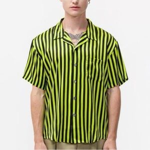 Stussy Men's Neon Yellow and Black Striped Shirt